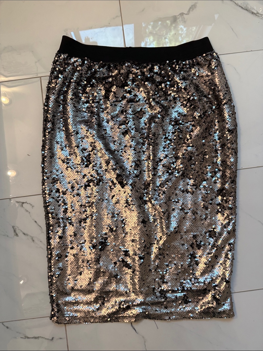 Worthington Silver Sequin Pencil Skirt with Black Waistband